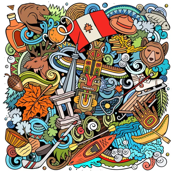 Canada cartoon doodle illustration. Funny Canadian design. Creative raster background with north America country elements and objects. Colorful composition