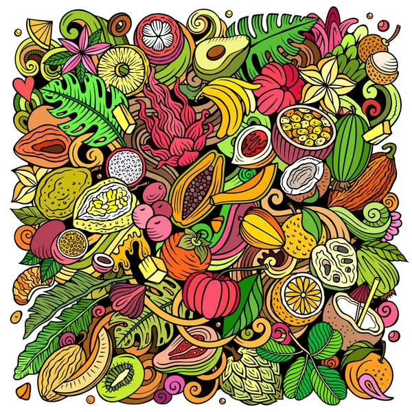 异国情调的水果卡通片光栅涂鸦插图 热带食物元素和物体背景 明亮的颜色有趣的图片 — 图库照片