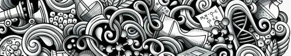 サイエンスハンドが描いた落書きバナー 漫画の詳細なフライヤー オブジェクトとシンボルを持つ科学的アイデンティティ モノクロベクターのデザイン要素の背景 — ストックベクタ