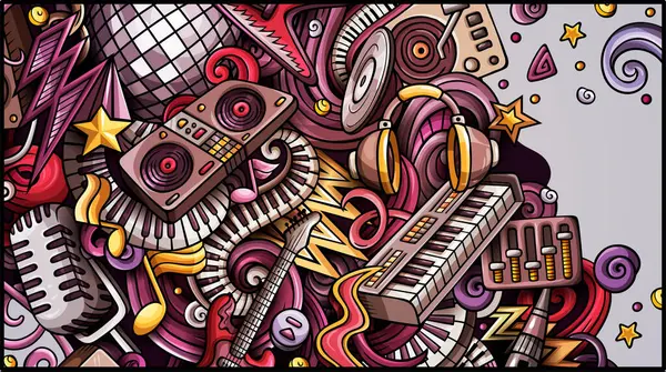 ディスコ ミュージックの手描きの落書きバナー 漫画の詳細なフライヤー オブジェクトとシンボルを持つミュージカルアイデンティティ カラーベクターのデザイン要素の背景 — ストックベクタ