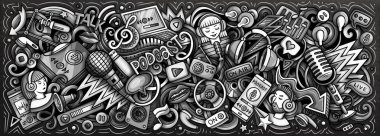 Cartoon raster Podcast doodle illustration features a variety of Audio Content objects and symbols. Monochrome whimsical funny picture. clipart