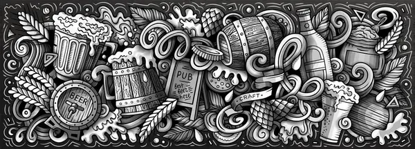 Cartoon raster Beer doodle illustration features a variety of Oktoberfest objects and symbols. Monochrome whimsical funny picture.