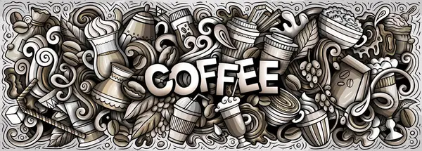 Cartoon raster Coffee doodle illustration features a variety of Coffeehouse objects and symbols. Monochrome whimsical funny picture.