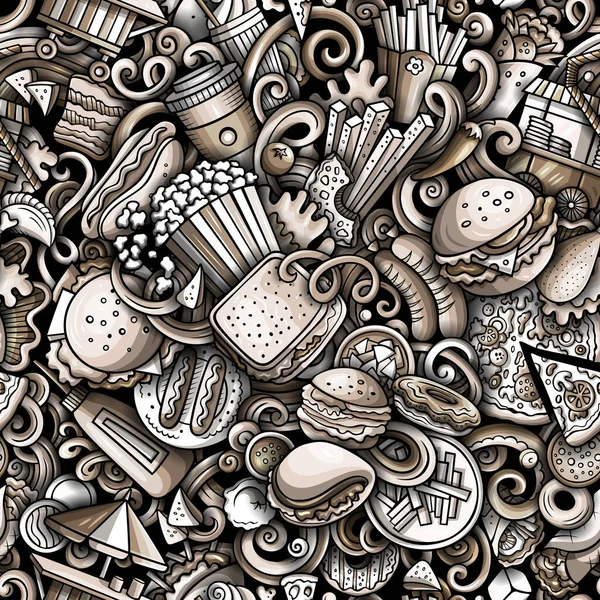 Cartoon doodle seamless pattern features a variety of Fastfood objects and symbols. Whimsical playful Junk food monochrome background for print on fabric, greeting cards, scarves, wallpaper and other