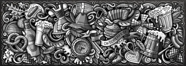 Cartoon raster Beer festival doodle illustration features a variety of Oktoberfest objects and symbols. Monochrome whimsical funny picture.
