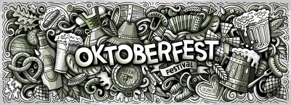 Cartoon raster Beer festival doodle illustration features a variety of Oktoberfest objects and symbols. Monochrome whimsical funny picture.