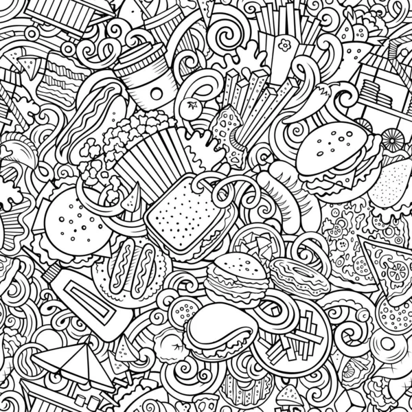 Cartoon doodle seamless pattern features a variety of Fastfood objects and symbols. Whimsical playful Junk food sketchy background for print on fabric, greeting cards, scarves, wallpaper and other