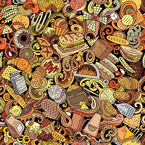 Cartoon raster doodles on the subject of bakery seamless pattern features a variety of bakery-related objects and symbols. Whimsical playful baked goods colorful background