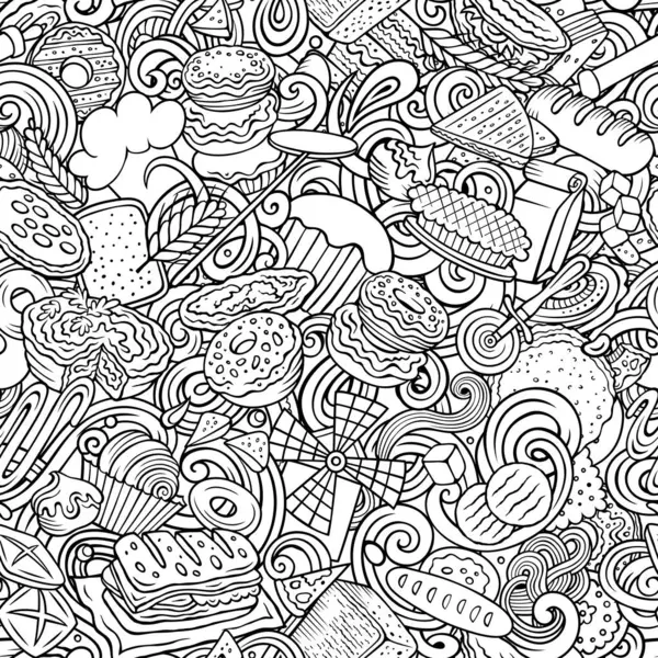 Cartoon raster doodles on the subject of bakery seamless pattern features a variety of bakery-related objects and symbols. Whimsical playful baked goods sketchy background