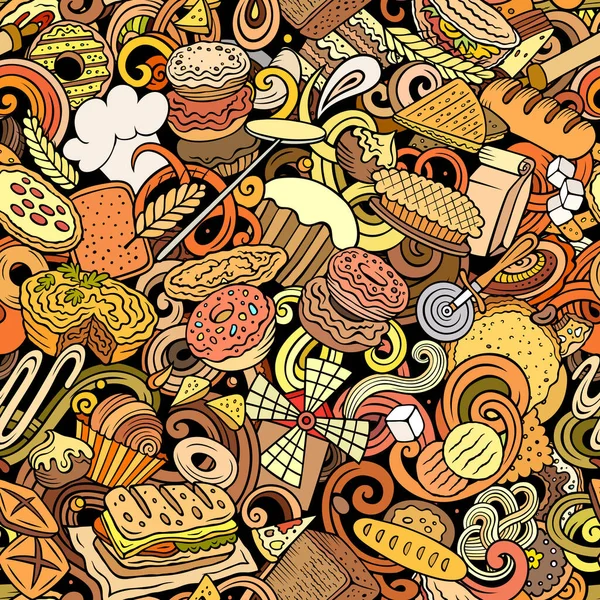 Cartoon raster doodles on the subject of bakery seamless pattern features a variety of bakery-related objects and symbols. Whimsical playful baked goods colorful background