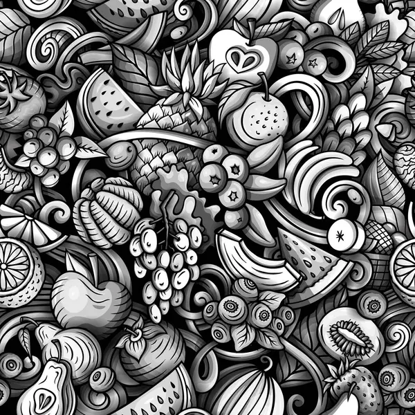 stock image Cartoon raster doodles on the subject of Fresh Fruits seamless pattern features a variety of fruity objects and symbols. Whimsical playful monochrome background for print on fabric, greeting cards, scarves, wallpaper and other