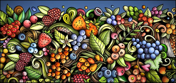 Cartoon raster doodle Berries banner background. Funny Natural food colorful design