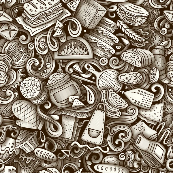 Cartoon raster doodles on the subject of bakery seamless pattern features a variety of bakery-related objects and symbols. Whimsical playful baked goods monochrome background