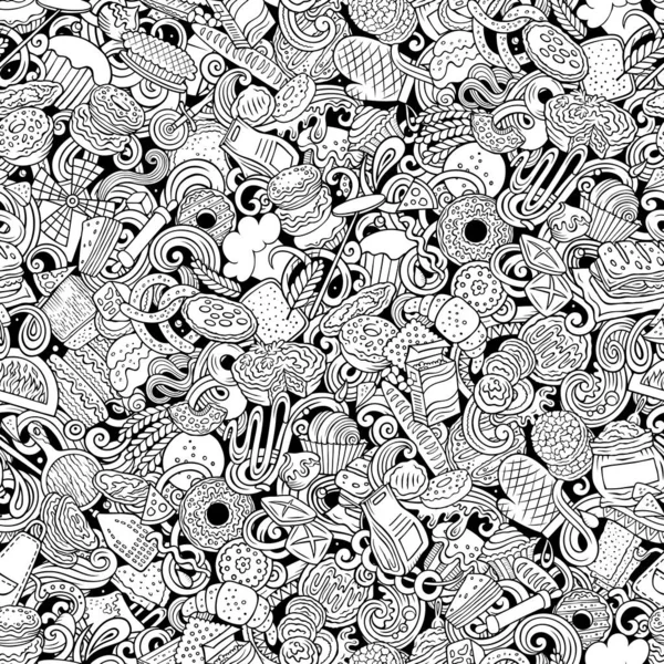 Cartoon raster doodles on the subject of bakery seamless pattern features a variety of bakery-related objects and symbols. Whimsical playful baked goods sketchy background