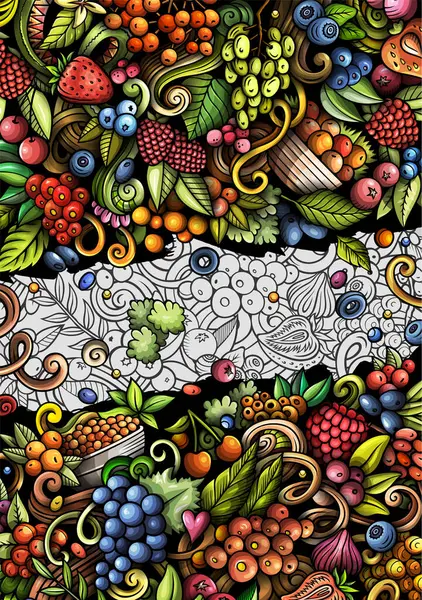 Cartoon raster doodle Berries banner background. Funny Natural food colorful and line art design