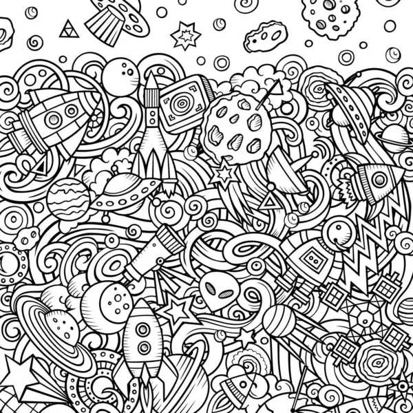 Cartoon raster doodles Space frame. Sketchy, detailed, with lots of objects background. Line art cosmic funny border