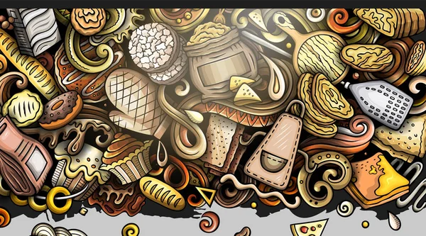 Cartoon raster doodle Bakery banner background. Funny Bakehouse colorful design