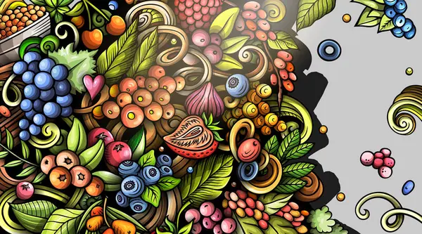 Cartoon raster doodle Berries banner background. Funny Natural food colorful design