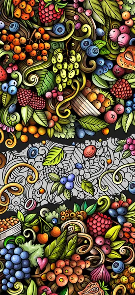 Cartoon raster doodle Berries banner background. Funny Natural food colorful and line art design