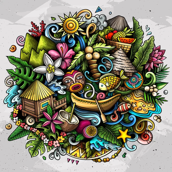 Tahiti hand drawn cartoon doodle illustration. Creative funny background with French Polynesia elements and objects. Colorful composition