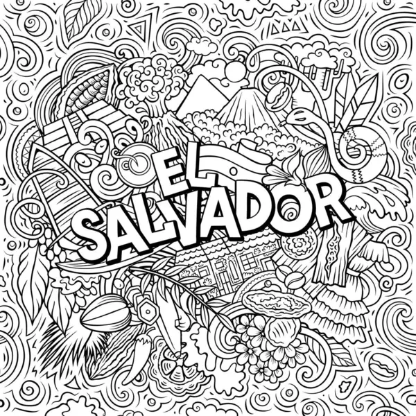 Raster funny doodle illustration with El Salvador theme. Vibrant and eye-catching design, capturing the essence of Central America culture and traditions through playful cartoon symbols
