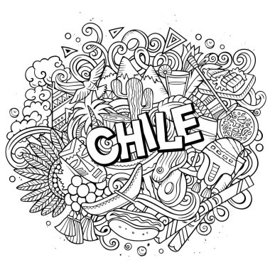 Chile hand drawn cartoon doodles illustration. Funny travel design. Creative art vector background. Handwritten text with elements and objects. Line art composition clipart