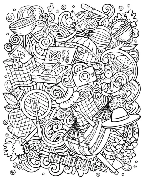 Picknick Met Hand Getekend Vector Doodles Illustratie Bbq Poster Ontwerp — Stockvector