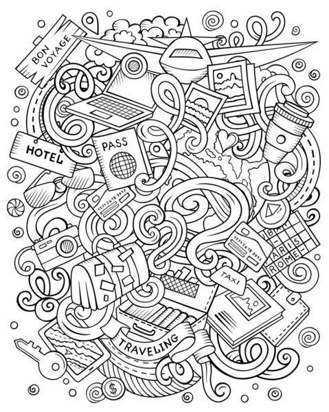 Travel hand drawn vector doodles illustration. Traveling poster design. Journey elements and objects cartoon background. Sketchy funny picture. All items are separated