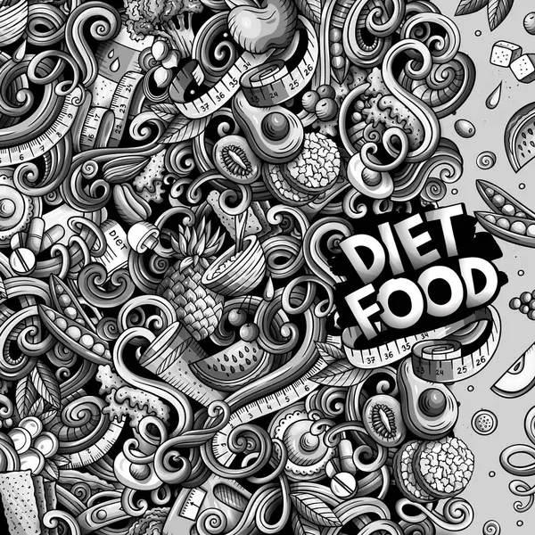 Tecknad Vektor Klottrar Diet Mat Ram Monokrom Detaljerad Med Massor Vektorgrafik