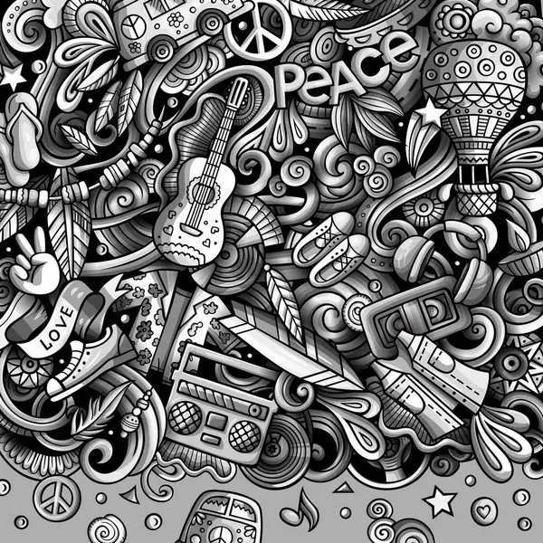 Hippie Handritade Vektor Klotter Illustration Hippy Ramkortsdesign Ungdomar Element Och Royaltyfria Stockvektorer