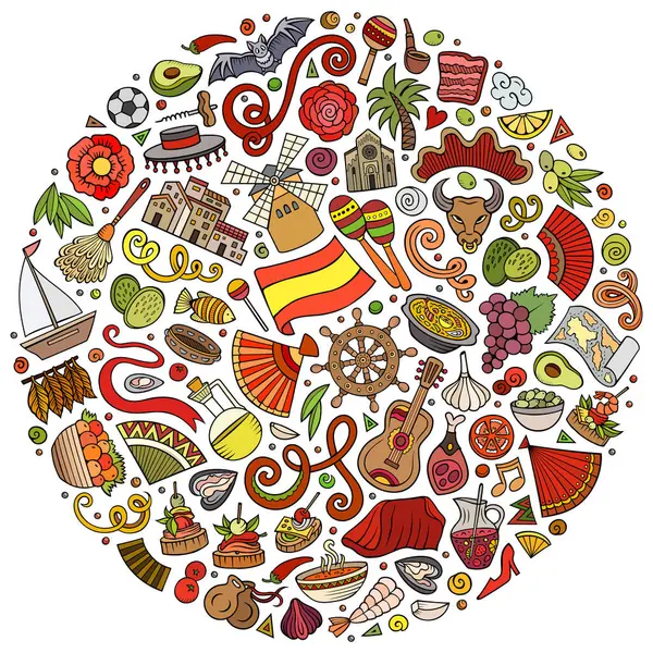 Conjunto Vetorial Colorido Espanha Desenhos Animados Doodle Objetos Símbolos Itens Gráficos De Vetores