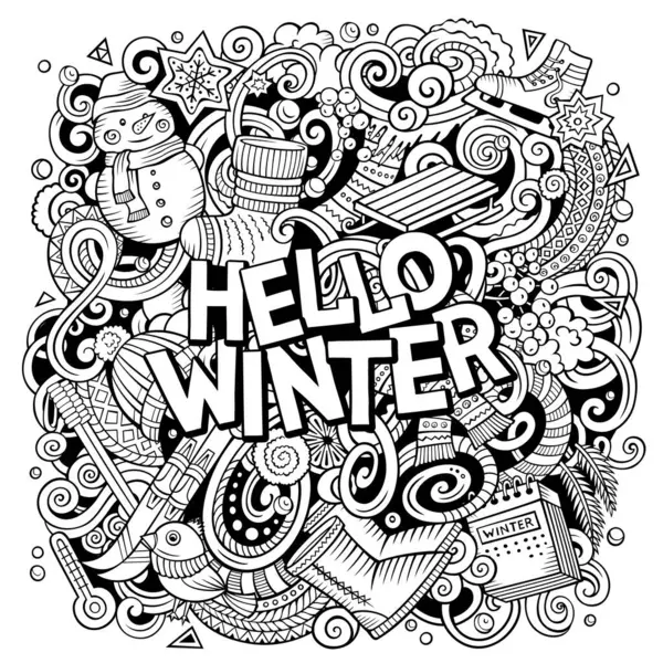 Hello Winter Kézzel Rajzolt Rajzfilm Firka Illusztráció Vicces Szezonális Dizájn Jogdíjmentes Stock Illusztrációk