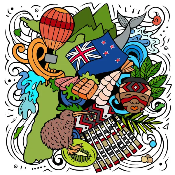Nueva Zelanda Dibujado Mano Ilustración Garabato Dibujos Animados Diseño Divertido — Vector de stock