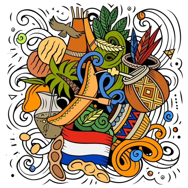 パラグアイの手描きの漫画の落書きイラスト おかしい旅行のデザイン クリエイティブベクターの背景 ラテンアメリカの国の要素とオブジェクト — ストックベクタ