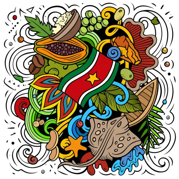 スリナム手描きの漫画の落書きイラスト おかしい旅行のデザイン クリエイティブベクターの背景 ラテンアメリカの国の要素とオブジェクト — ストックベクタ