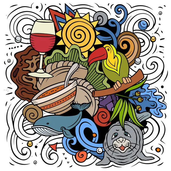 ウルグアイの手描きの漫画の落書きイラスト おかしい旅行のデザイン クリエイティブベクターの背景 ラテンアメリカの国の要素とオブジェクト — ストックベクタ
