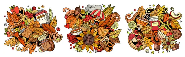 Autumn Cartoon Vector Doodle Designs Set Colorful Detailed Compositions Lot Ilustrações De Bancos De Imagens Sem Royalties