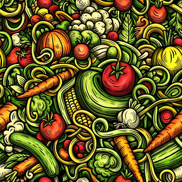 stock image Vegetables cartoon doodles seamless pattern. Nature food elements and objects background. Bright colors funny veggies picture