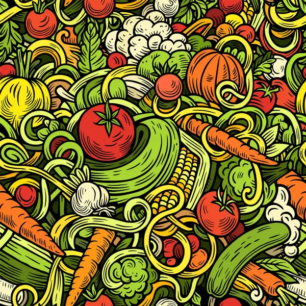 stock image Vegetables cartoon  doodles seamless pattern. Nature food elements and objects background. Bright colors funny veggies picture