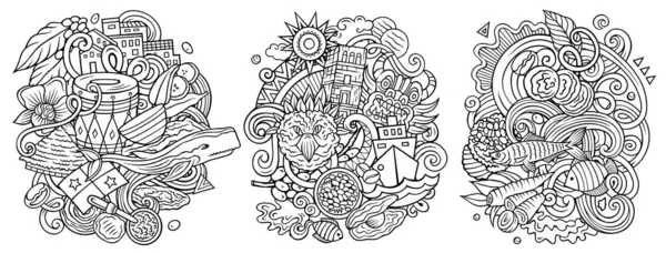 stock image Panama cartoon doodle designs set. Line art detailed compositions with lot of Panaman objects and symbols