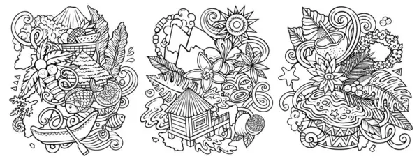 stock image Tahiti cartoon doodle designs set. Line art detailed compositions with lot of Tahitian objects and symbols