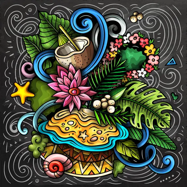 Stock image Tahiti hand drawn cartoon doodle illustration. Creative funny background with French Polynesia elements and objects. Colorful chalkboard composition