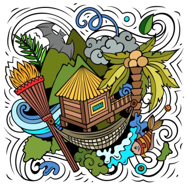 Hawaii cartoon  doodle design. Colorful detailed composition with lot of Hawaiian objects and symbols.  clipart