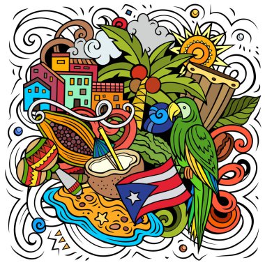 Puerto Rico cartoon doodle illustration. Funny Puerto Rican design.  background with Caribbean country elements and objects. Colorful composition clipart