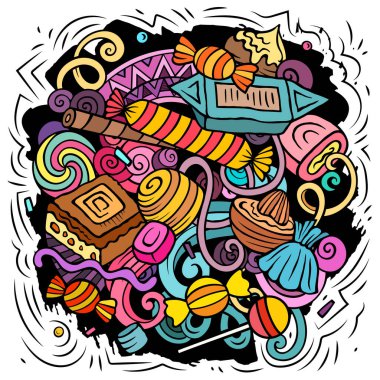 Candies cartoon  doodles illustration. Sweet food design. Confection elements and objects background. Bright colors funny picture. clipart