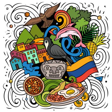 Colombia hand drawn cartoon doodles illustration. Funny Colombian travel design. Creative vector background. Latin America country elements and objects. clipart