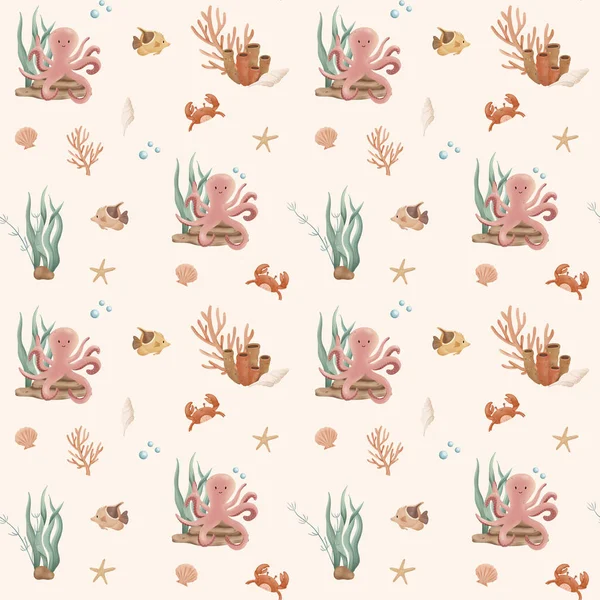 seamless pattern with cute cartoon octopus, fish and crab.