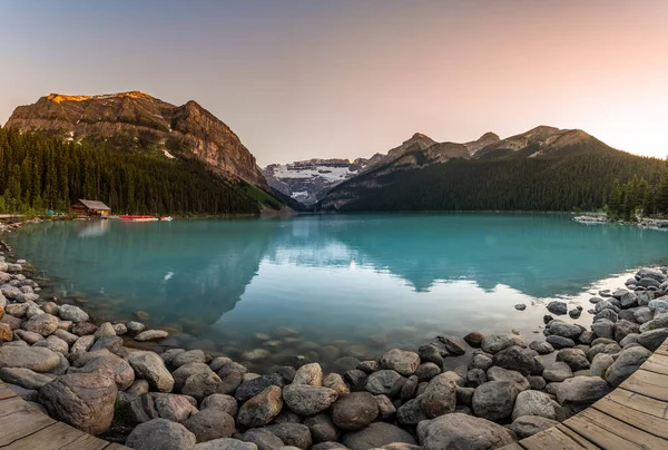 stock image Turquoise, glacier-fed Lake Louise at Sunset Banff National Park Alberta Canada