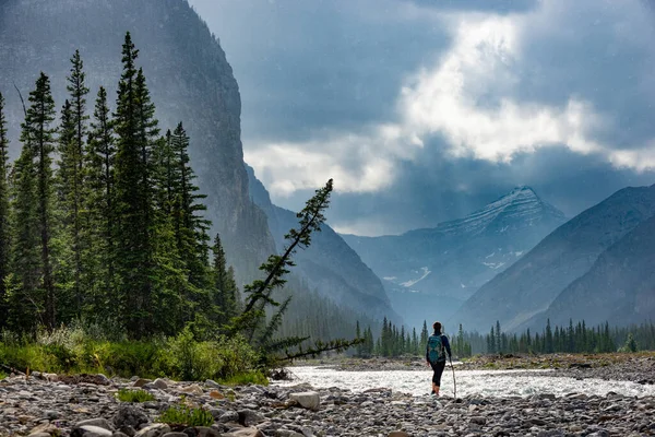 Caminhante Canadian Rockies Jovem Mulher Prestes Atravessar Ghost River Trans — Fotografia de Stock