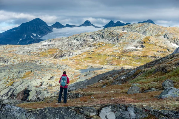 Hiker Admires Beautiful Mountains Skalavatnet Lake Suldal Norway — Stock Photo, Image